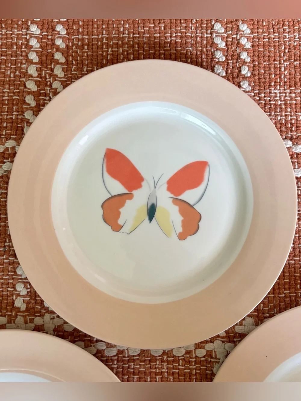 Set of 3 Lynn’s Farfalla Pink Rim Orange Butterfly Dinner Plates Size 10.5”D